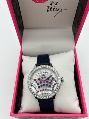 Betsey Johnson Crown of Jewels Tiara Crystal Bezel Navy Blue Watch NIB